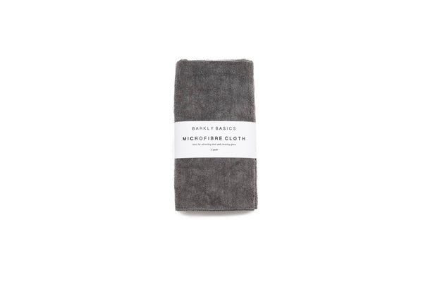 A pack of 2 Barkly Basics grey microfiber cloths with a label on them.