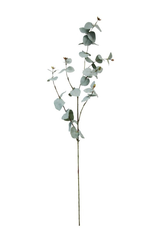Artificial Flora's Eucalyptus Spray Grey foliage spray on a stem against a white background.