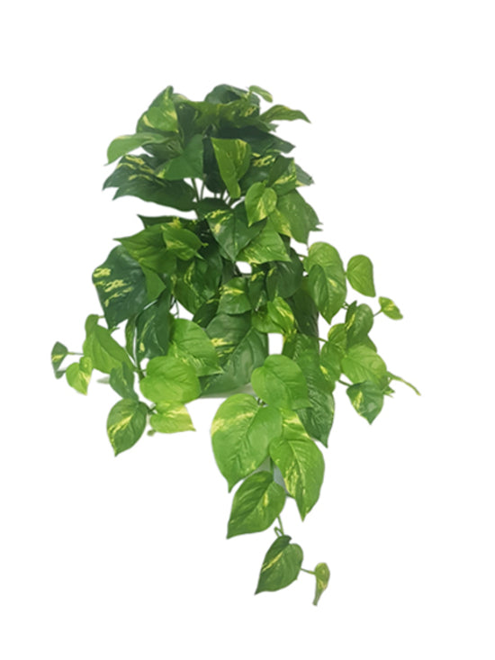 An Artificial Flora Real Touch Variegated Pothos Bush with green leaves on a white background.