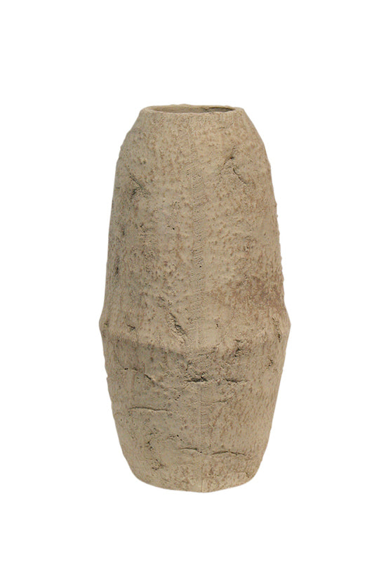 Caru vase in sand toned terracotta, a tall tapered body with a rough unglazed surface