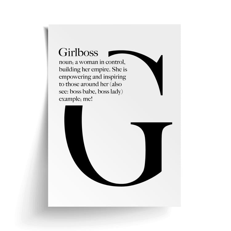 Girlboss print unframed, with a lifted corner