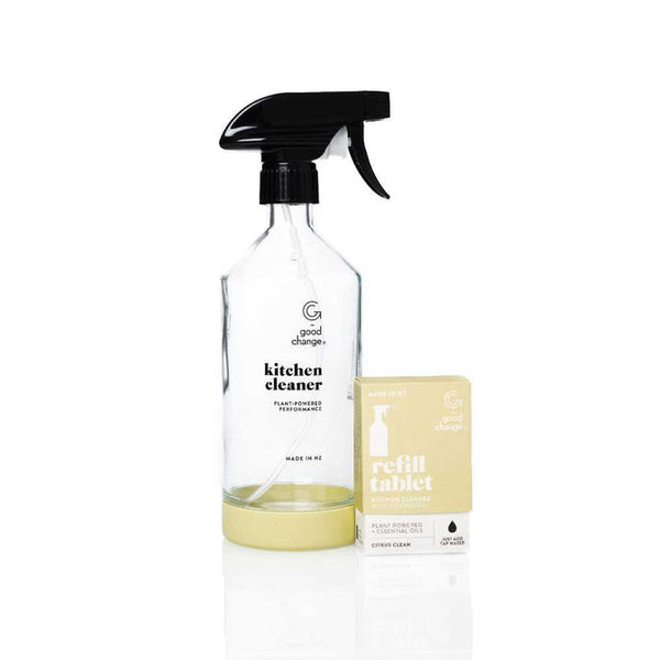 A Kitchen Reusable Spray Bottle by Good Change, eco-friendly cleaning products include a revolutionary bottle of cleaner and a convenient bottle of spray. Experience the power of sustainable cleaning with these Good Change products.