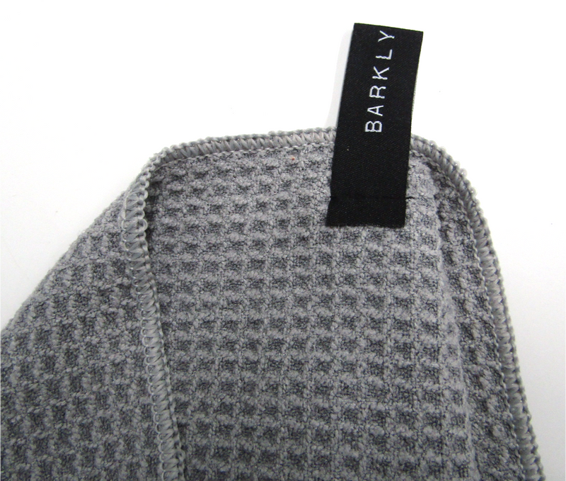 A Barkly Basics gray microfibre tea towel with a label on it, featuring a lint free finish and waffle design.