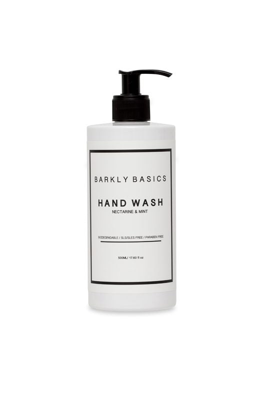 An eco-friendly bottle of Barkly Basics Nectarine & Mint hand wash on a white background.