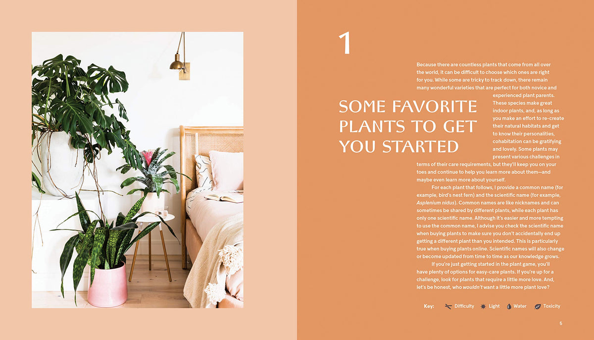 The book open at a chapter opener on favourite plants, with a monstera and snake plant in a bedroom