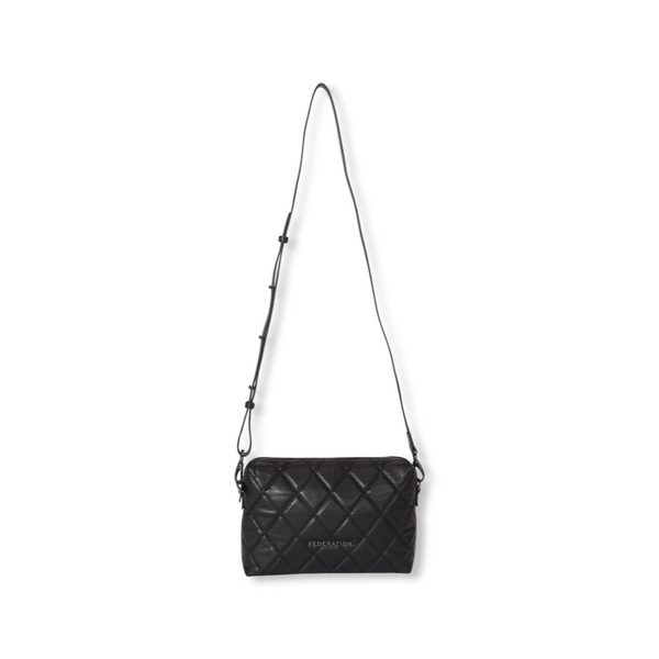 A black quilted cross body DIAMONDS FOREVER LEATHER BAG with a pure leather finish on a white background by Federation.