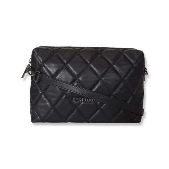 The Federation DIAMONDS FOREVER LEATHER BAG is a quilted black cross body bag with a pure leather finish.