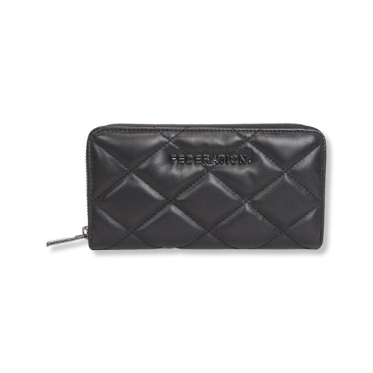 A black quilted Diamonds Forever Wallet by Federation on a white background.