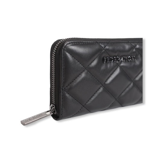 A black quilted DIAMONDS FOREVER WALLET with a zipper, manufactured by Federation.