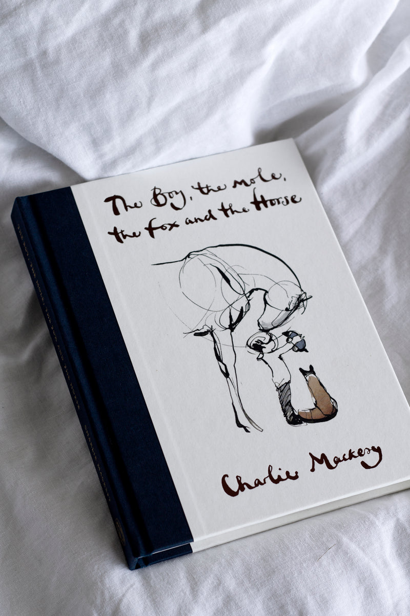 A Charlie Mackesy | The Boy, The Mole, The Fox and The Horse book on a bed with a picture of a horse on it.