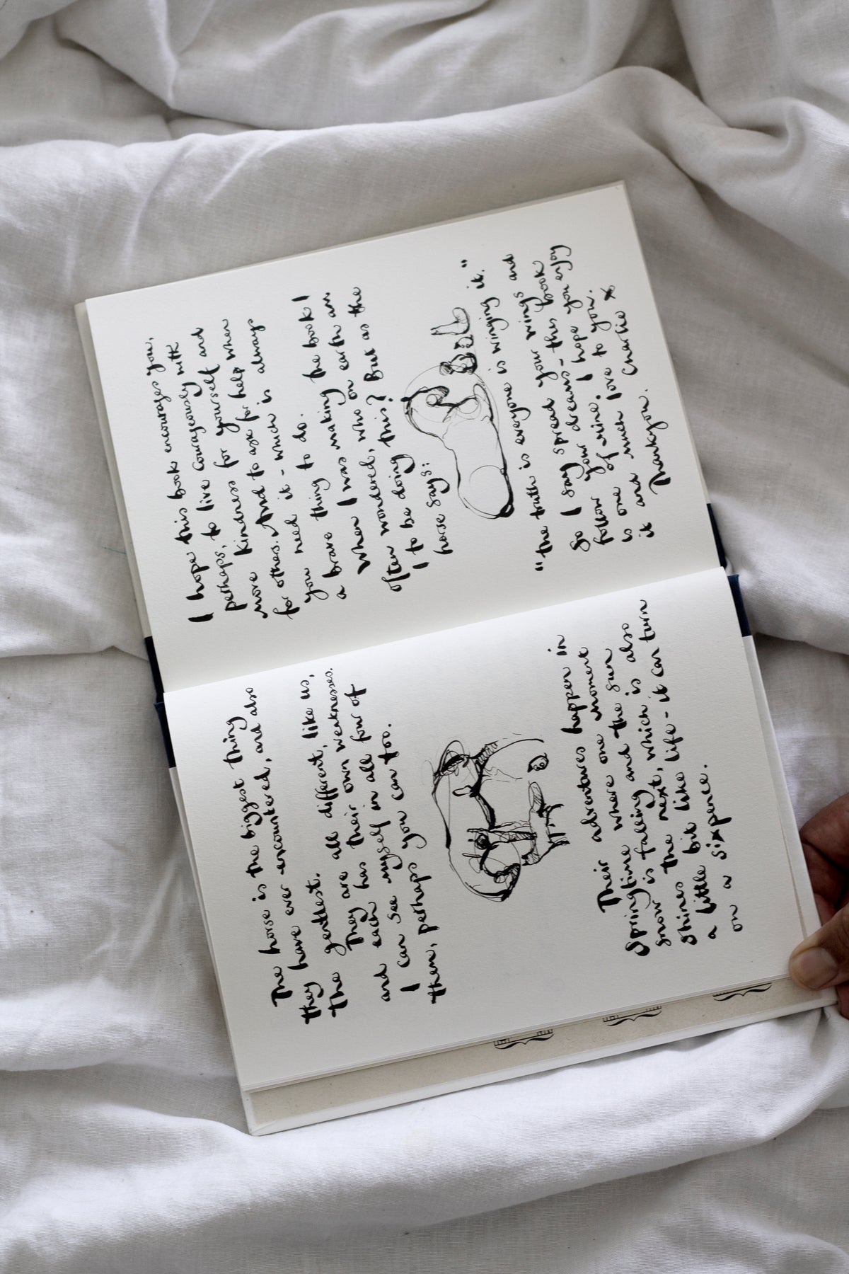 A person holding an open Charlie Mackesy | The Boy, The Mole, The Fox and The Horse book.