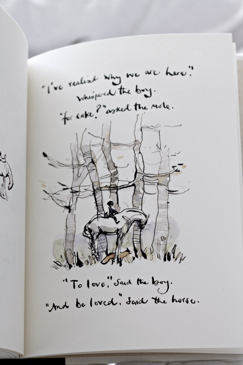 An open book, Charlie Mackesy | The Boy, The Mole, The Fox and The Horse by Books, with a drawing of a horse in the woods.