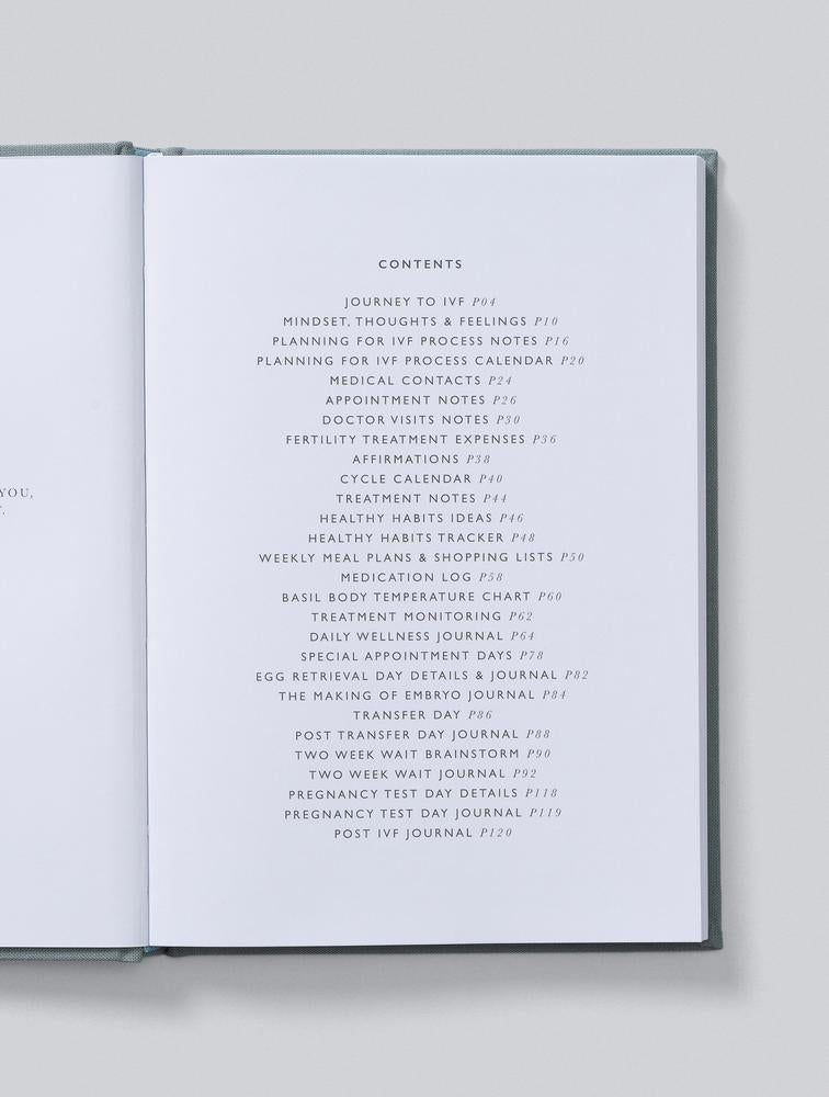 IVF Journey Journal open to the contents page