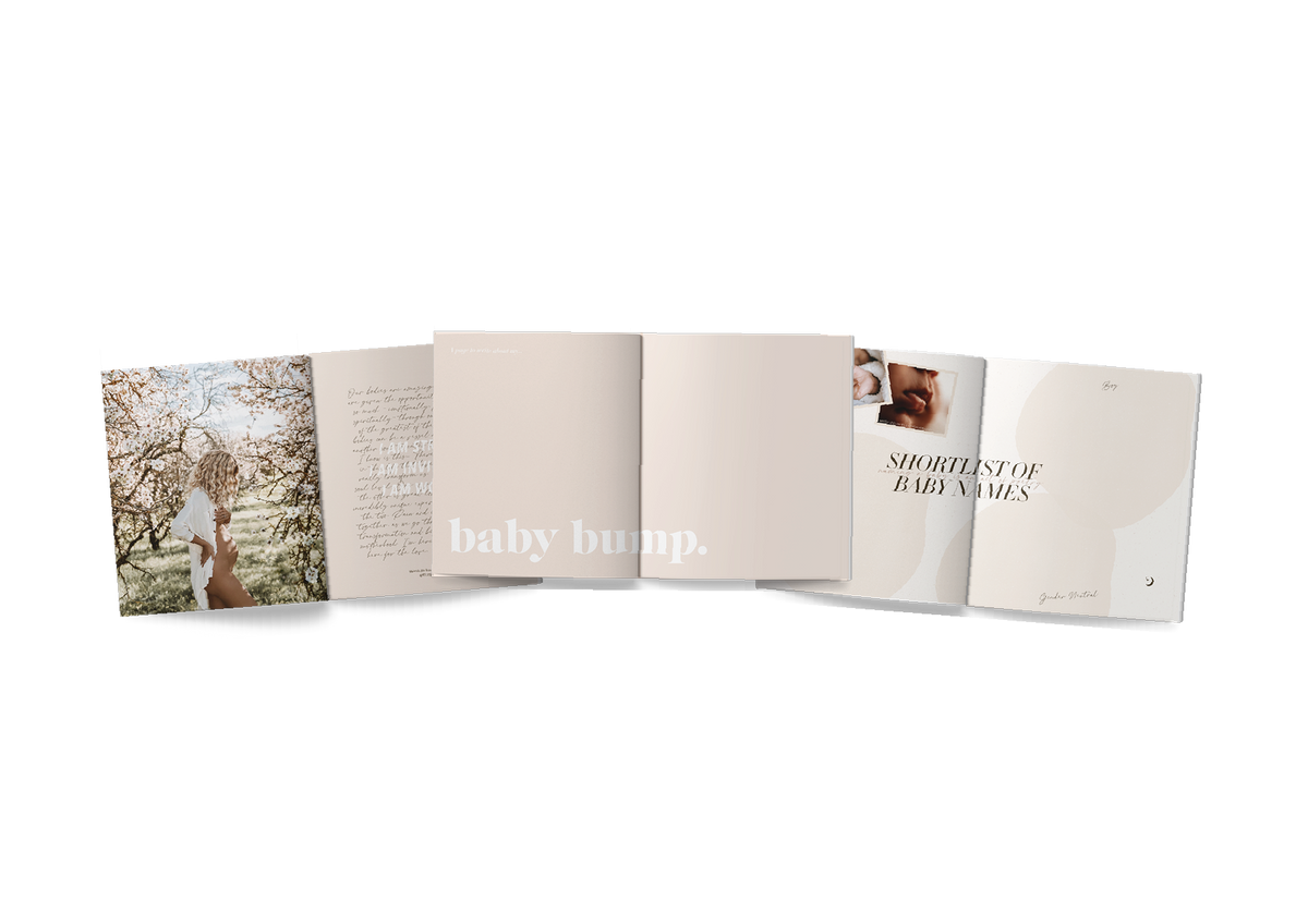 A Becoming MAMA - AXEL & ASH Pregnancy Journal capturing the transformative journey of a woman, connecting her with her maternal instinct through beautiful photos of a mother and baby.