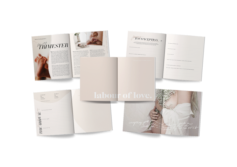 A transformative pregnancy journal capturing the divine journey of a woman holding a bouquet of flowers on a spread of a magazine.