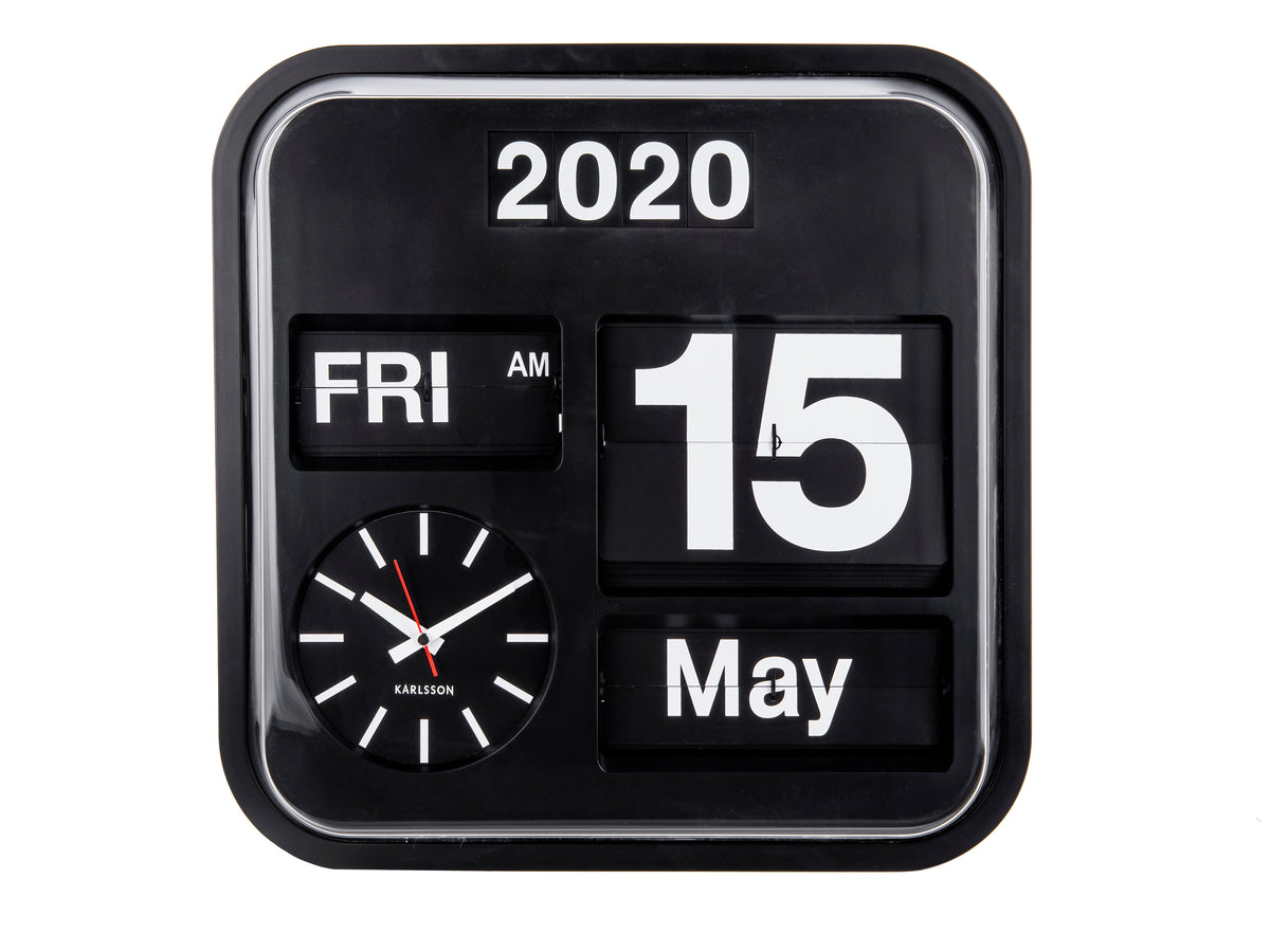 Karlsson Big Flip calendar clock in black, 43cm, showing day, date, month and year cards