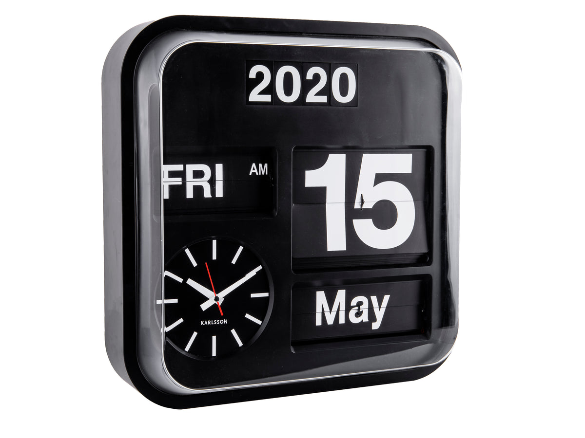 Karlsson Big Flip calendar clock in black, 43cm wall or freestanding clock with flip calendar