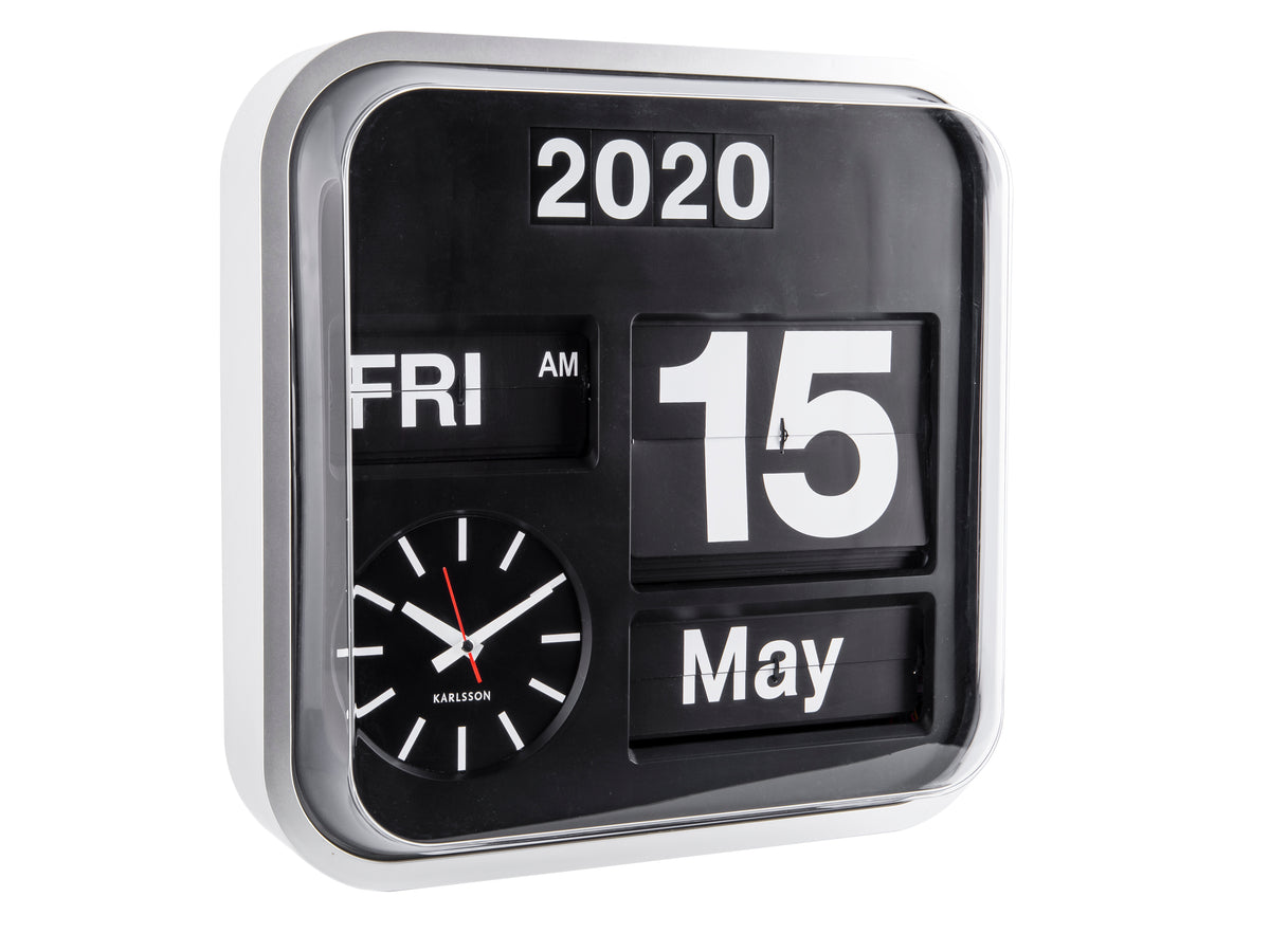 Karlsson Big Flip calendar clock in silver, 43cm square wall clock with flip calendar cards