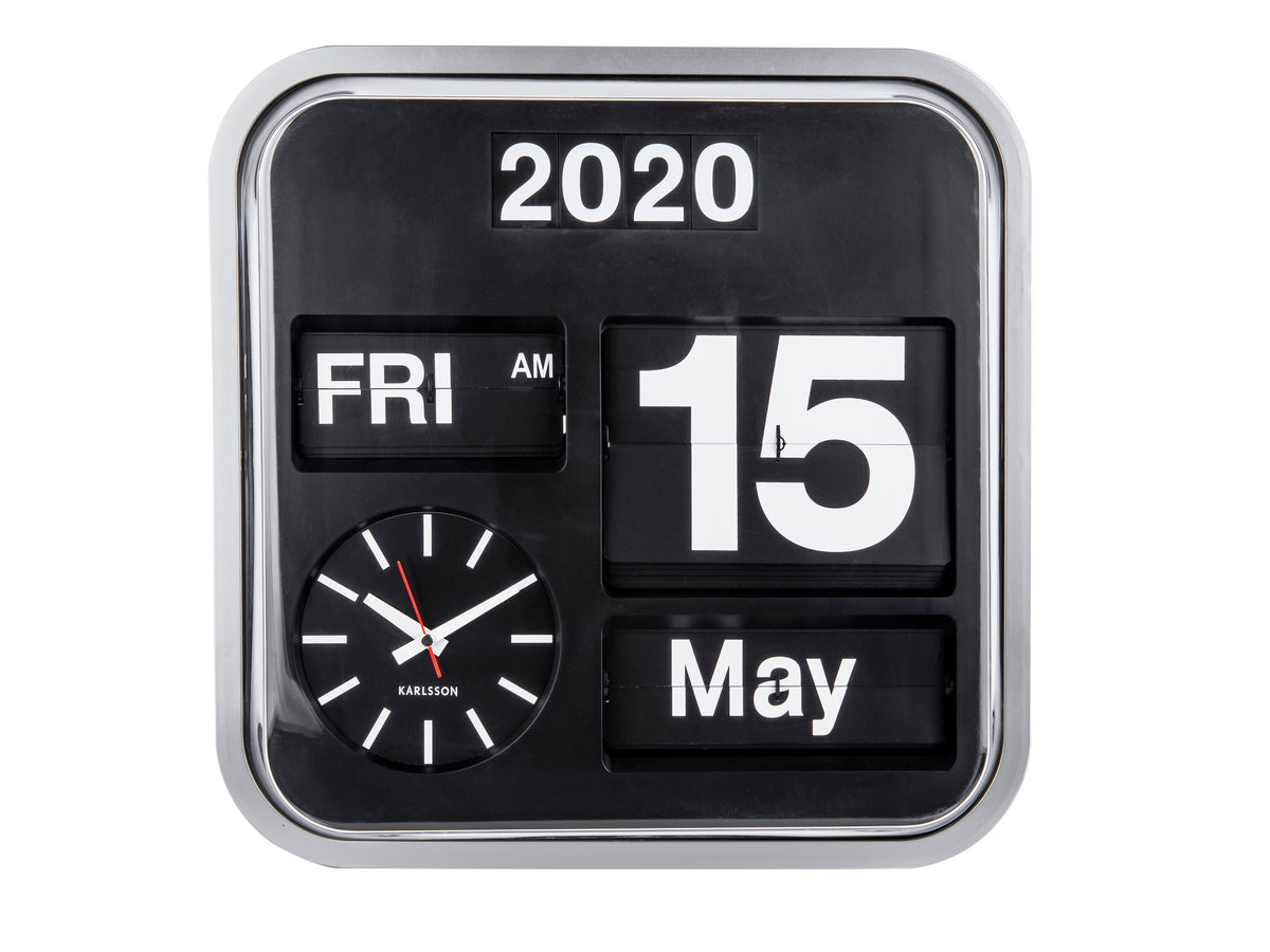 Karlsson Big Flip calendar clock in silver, 43cm, analogue face with flip day and date display