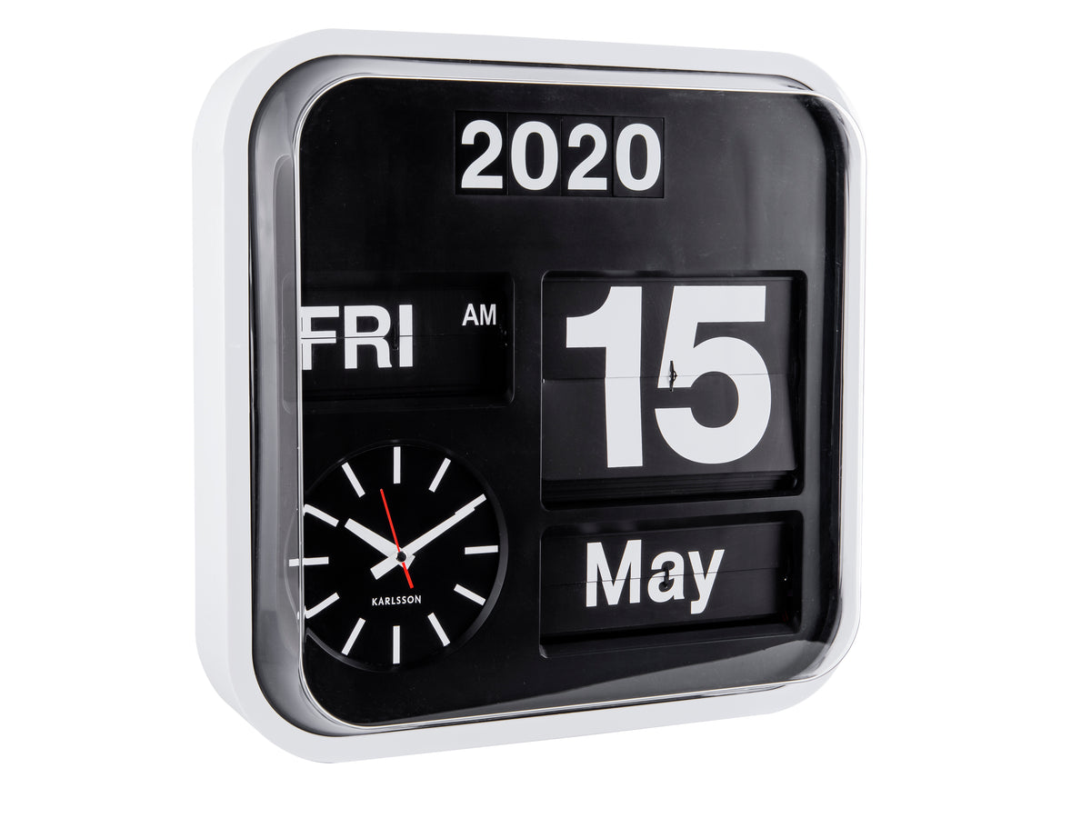 Karlsson Big Flip calendar clock in white, 43cm wall hung or freestanding calendar clock