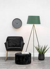 A black Karlsson wall clock with Scandinavian design in various sizes and colors, paired with a green lamp.