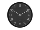 Aesthetic minimal Karlsson wall clock in black (40cm) juxtaposed on a white background.