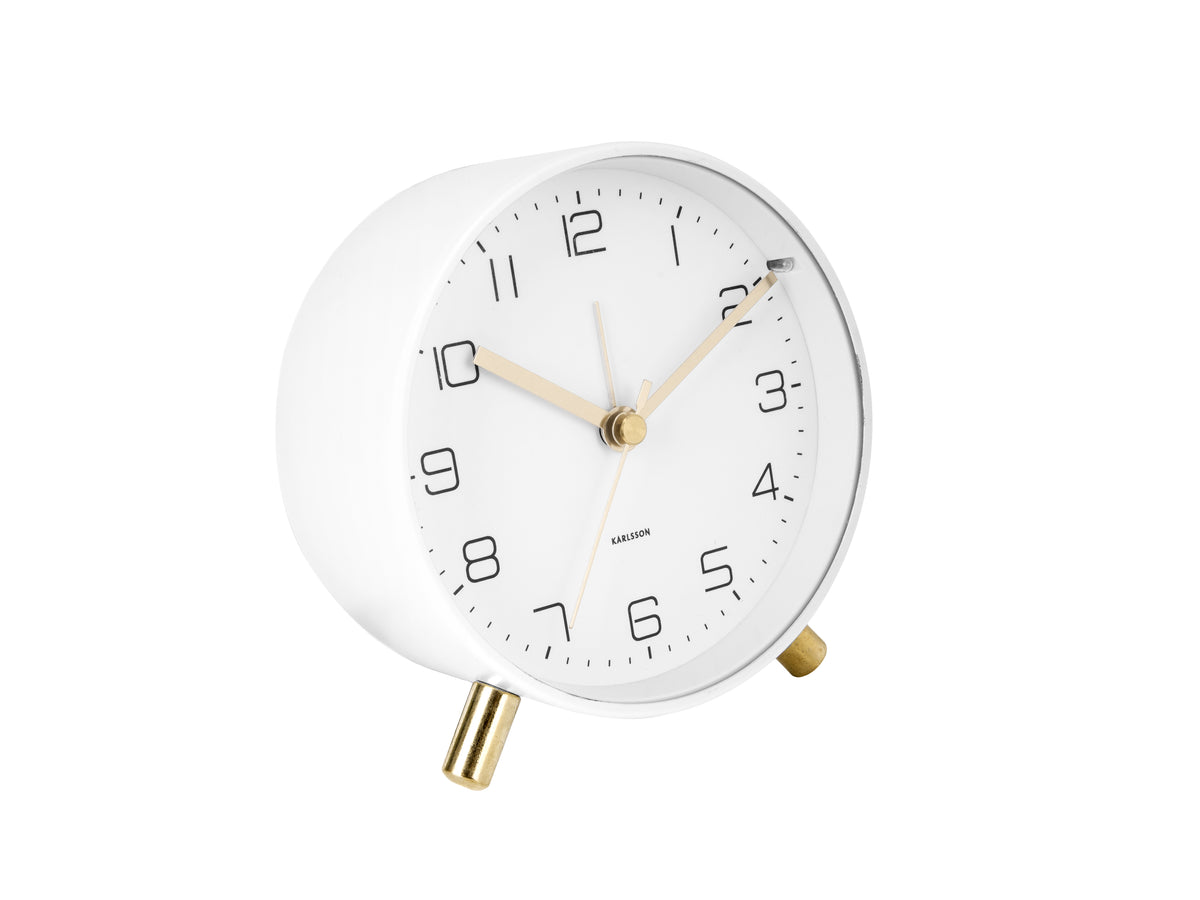 Karlsson Lofty Alarm Clock in white with gold legs on a white background