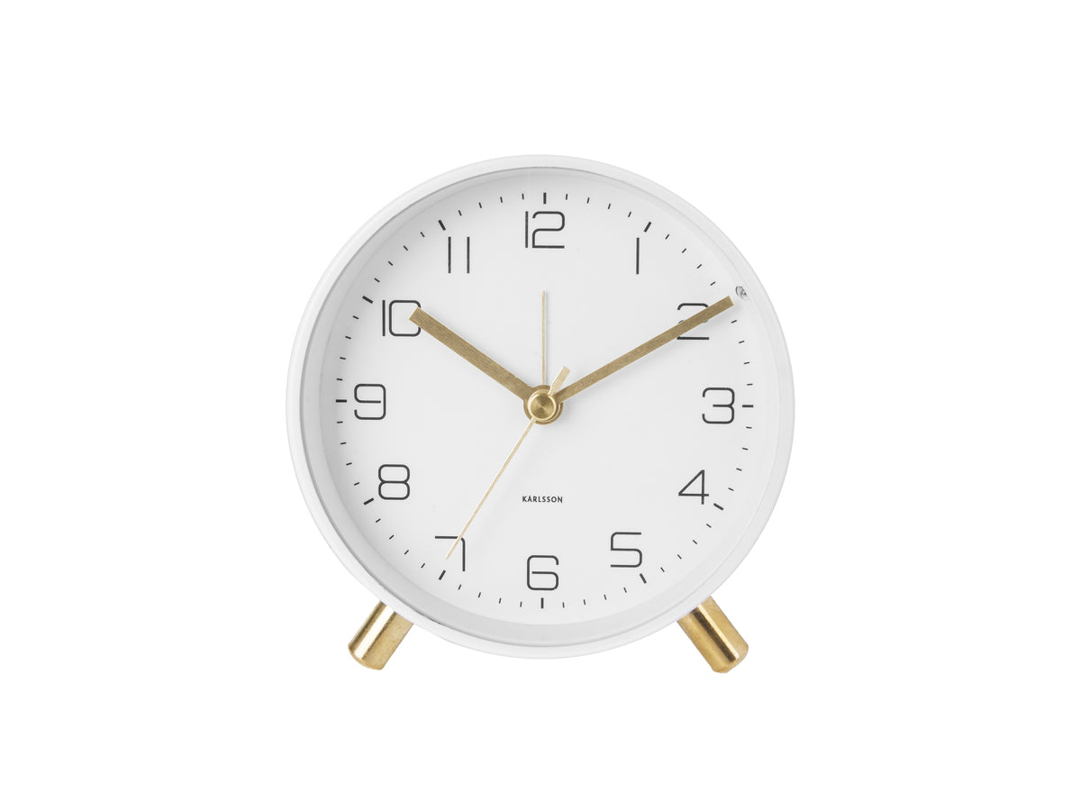 Karlsson Lofty Alarm Clock in white with gold legs, front view