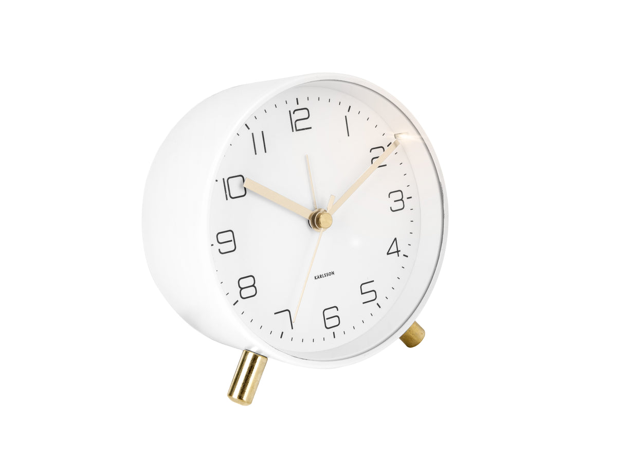 Karlsson Lofty Alarm Clock in white, angled view with gold hands and legs