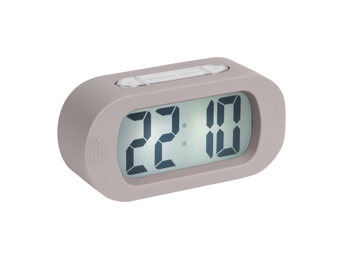 Karlsson Gummy Digital Alarm Clock in grey, front view of the digital display