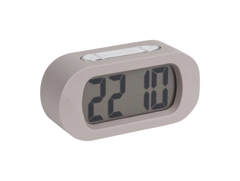 A minimalist digital alarm clock in a variety of colors is displayed on a white background.