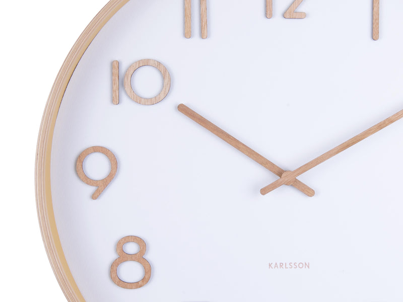 A Minimalist Karlsson wall clock with gold numbers.