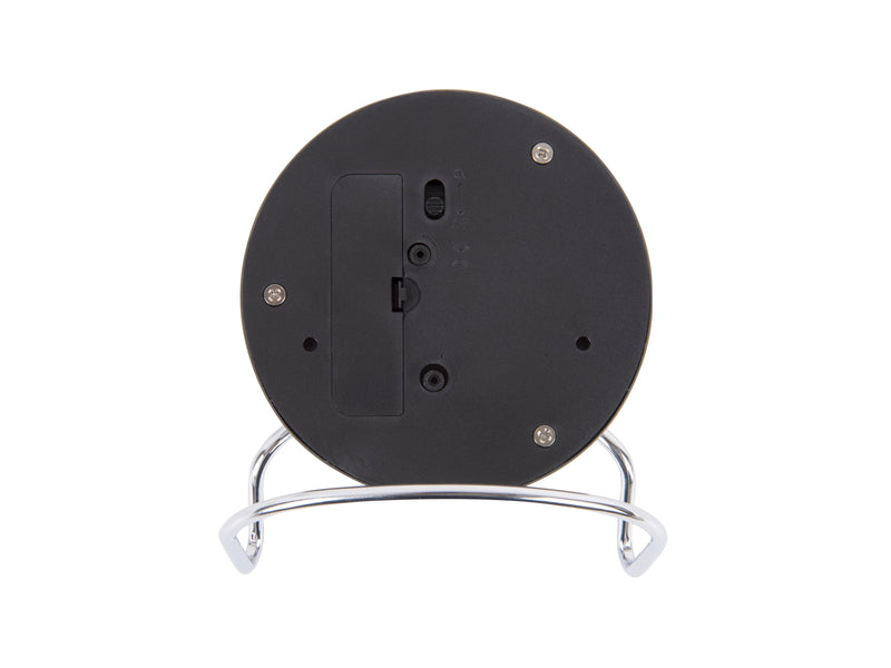 A black Karlsson clock with a metal stand on a white background, called the Classical Numbers - Silent Alarm Clock.