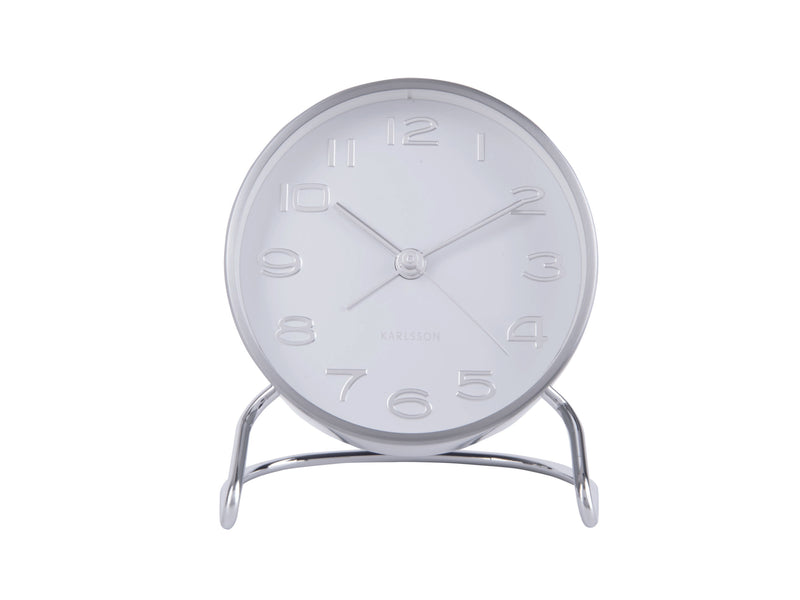 A Karlsson Classical Numbers - Silent Alarm Clock on a metal stand on a white background.