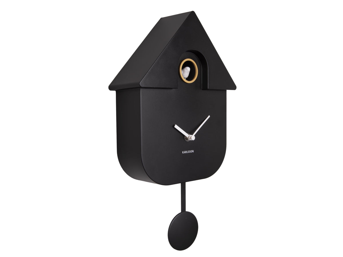 Karlsson Modern Cuckoo Clock in black, front view of the house shaped case and open dial