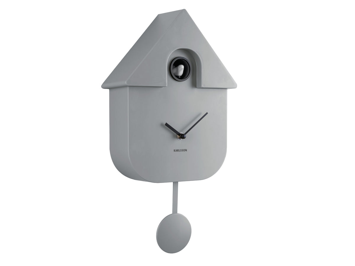 Karlsson Modern Cuckoo Clock in grey, front view against a white background