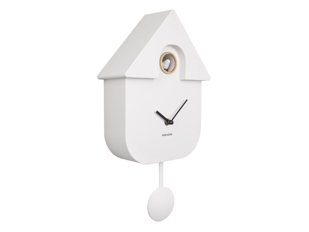 Karlsson Modern Cuckoo Clock in white, a Nordic house shaped wall clock with hourly birdsong