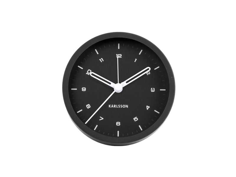 A black Karlsson Tinge Alarm Clock on a white background.