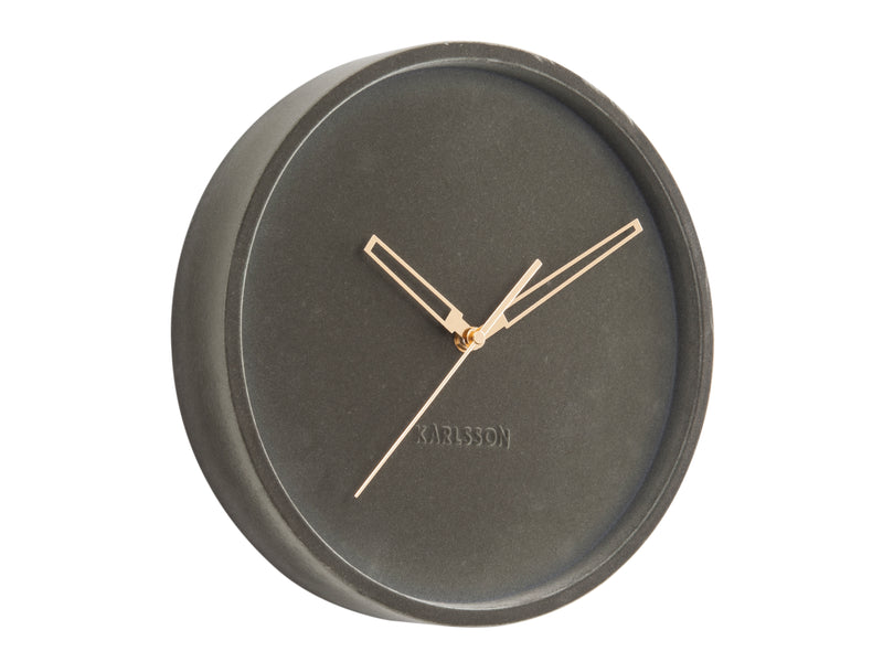 A Lush Velvet Wall Clock - Grey (30cm) by Karlsson, with gold hands on a white background.