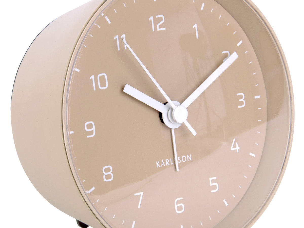 Close-up of the Sand Brown Cone clock's numerals and slim white hands