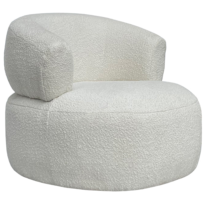 Barberra armchair in ivory boucle, a curved wraparound back on a rounded seat, on white