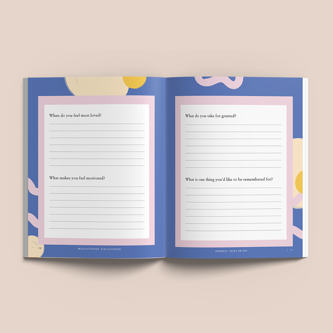 Open spread of lined prompts with purple borders