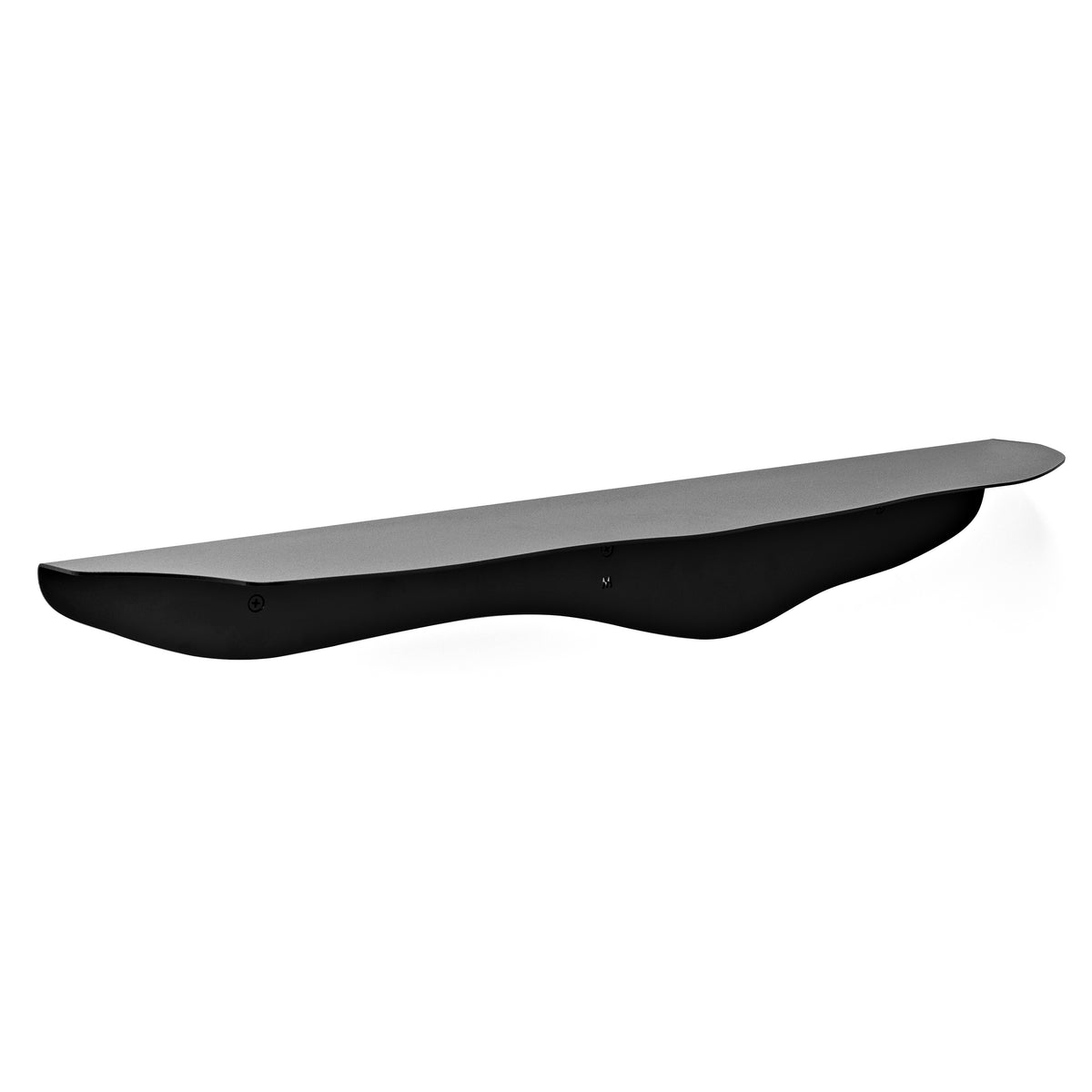 Empty black wavy shelf on a white wall, angled to show the full length of the wavy front edge