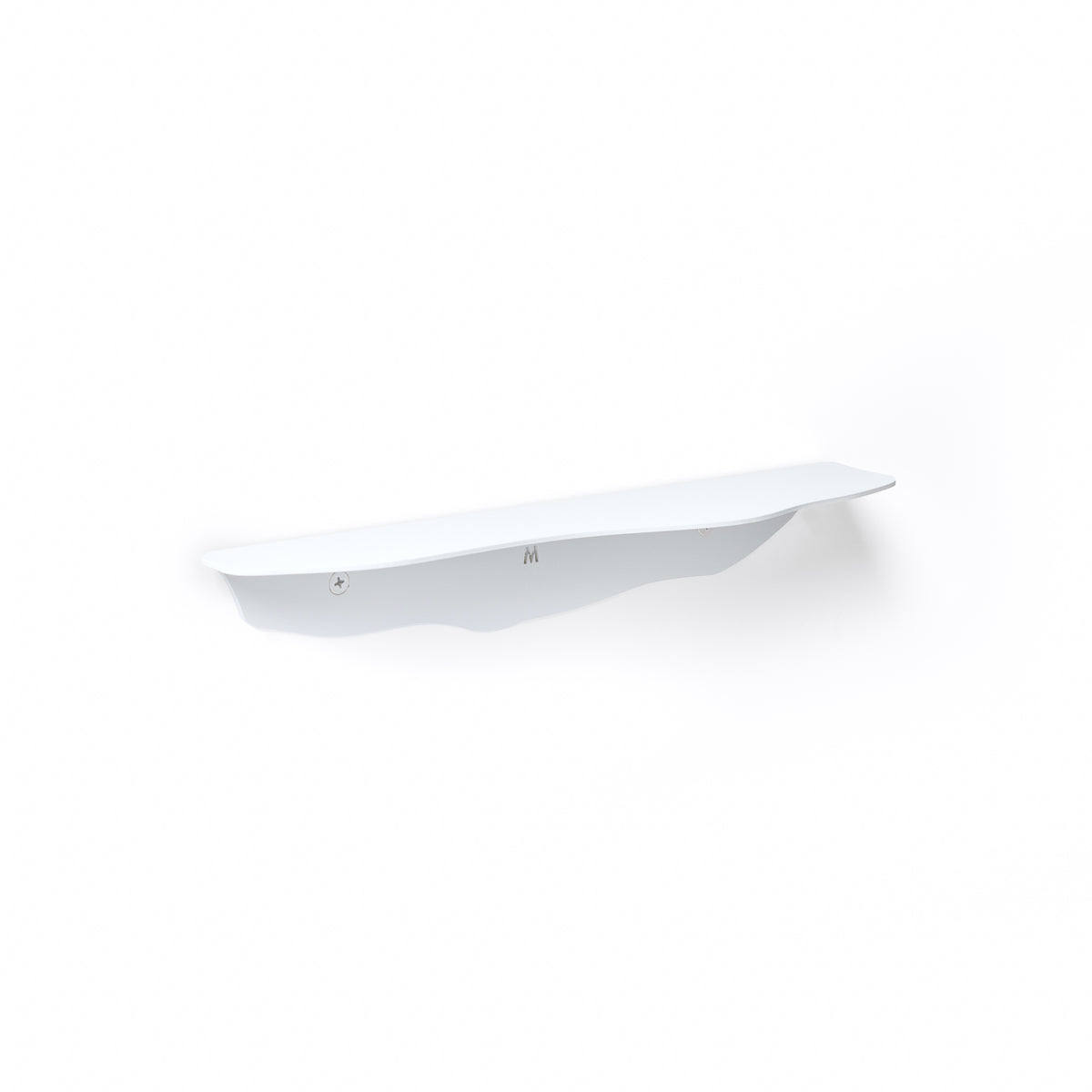 Empty white wavy shelf on a white wall, low angle showing the folded lip and curved front edge