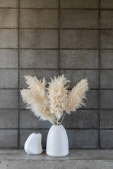 A white Harmie Vase - Various Options from Ned Collections sits on top of a concrete wall.