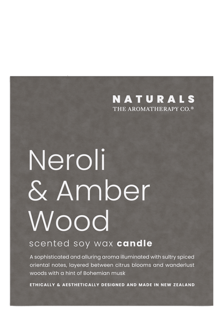 Front of the charcoal Naturals Neroli and Amber Wood scented soy wax candle box