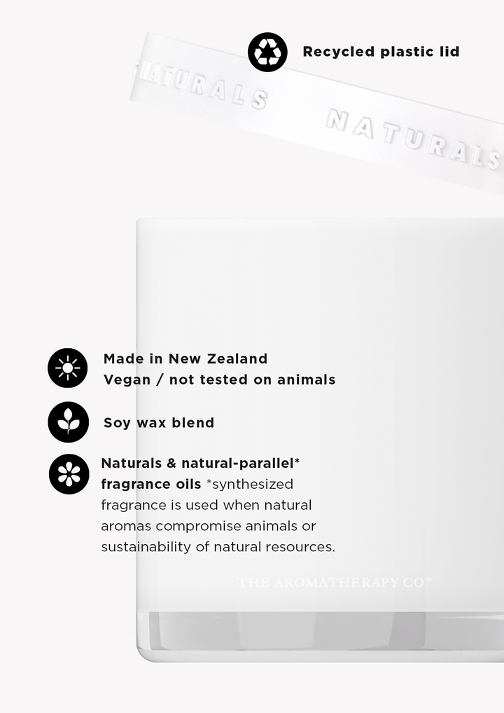 Features graphic for the Naturals candle noting a recycled lid, New Zealand made, vegan and a soy wax blend