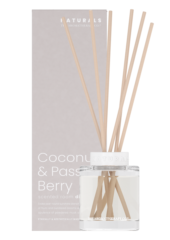 Enhance your space with the captivating fragrance of our Coconut & Passion Berry reed diffuser from The Aromatherapy Co's Naturals range. Diffuse the natural fragrance throughout your room for a refreshing and invigorating.
