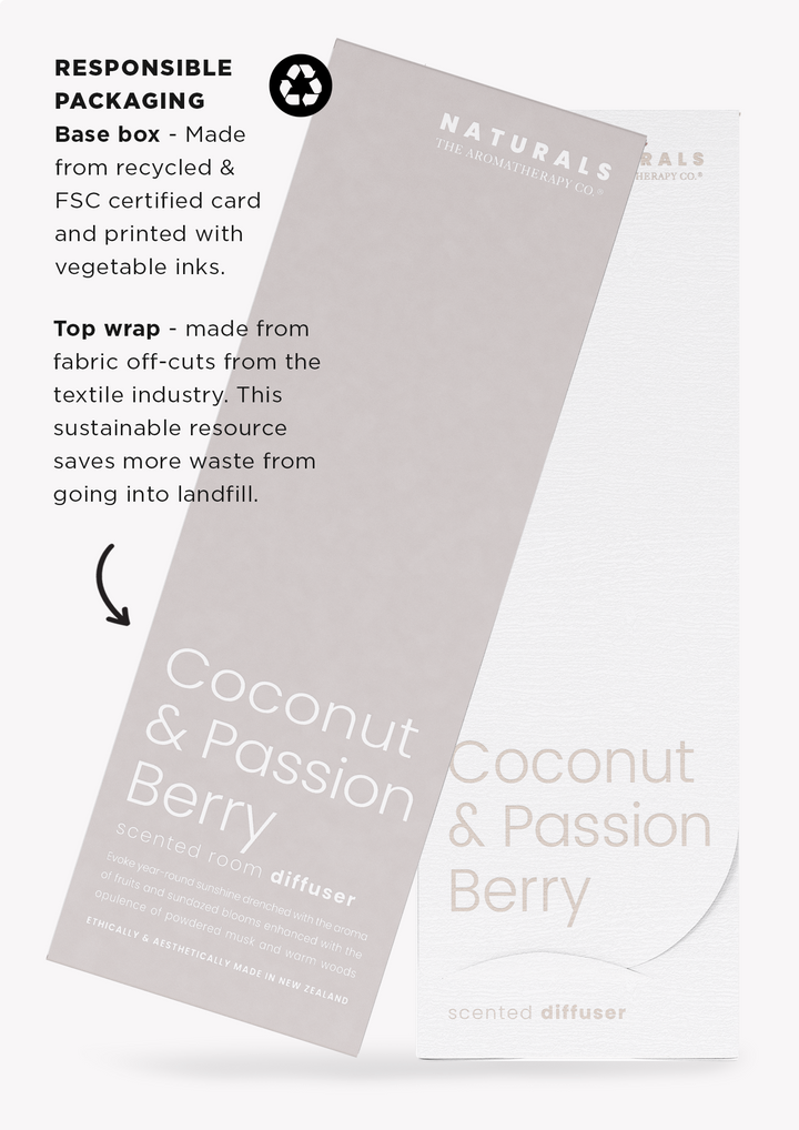Coconut passion & berry fragrance in The Aromatherapy Co's Naturals Diffuser - Coconut & Passion Berry packaging.