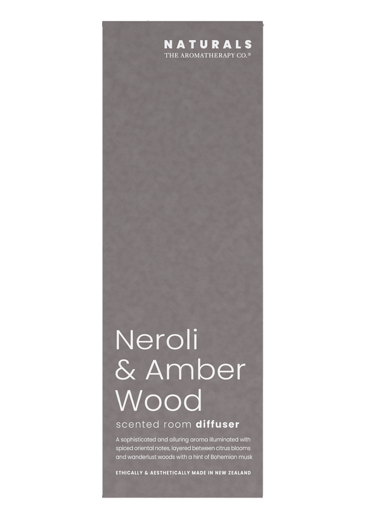 Front of the grey Naturals Neroli and Amber Wood scented room diffuser box